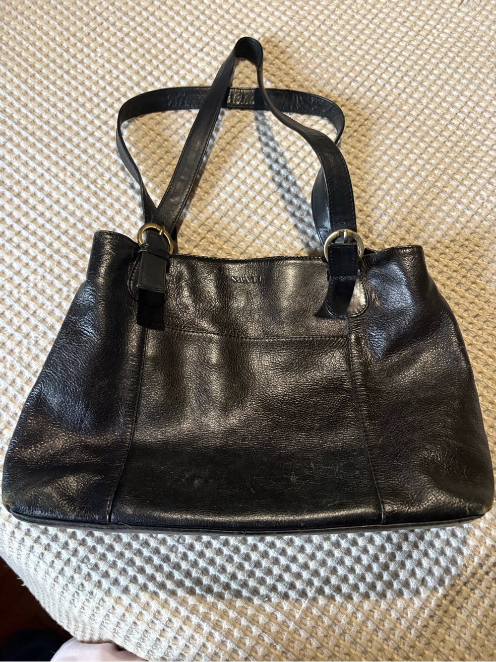 SANTI black leather bag brass hardware vintage purse Y2K